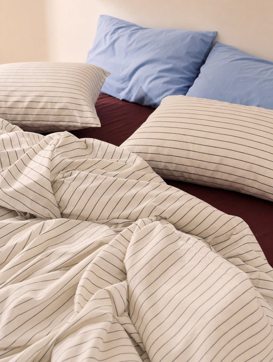 Build Your Bedsheet Set - Black White Stripe Duvet, Burgundy Sheet, Sky Blue Pillowcase