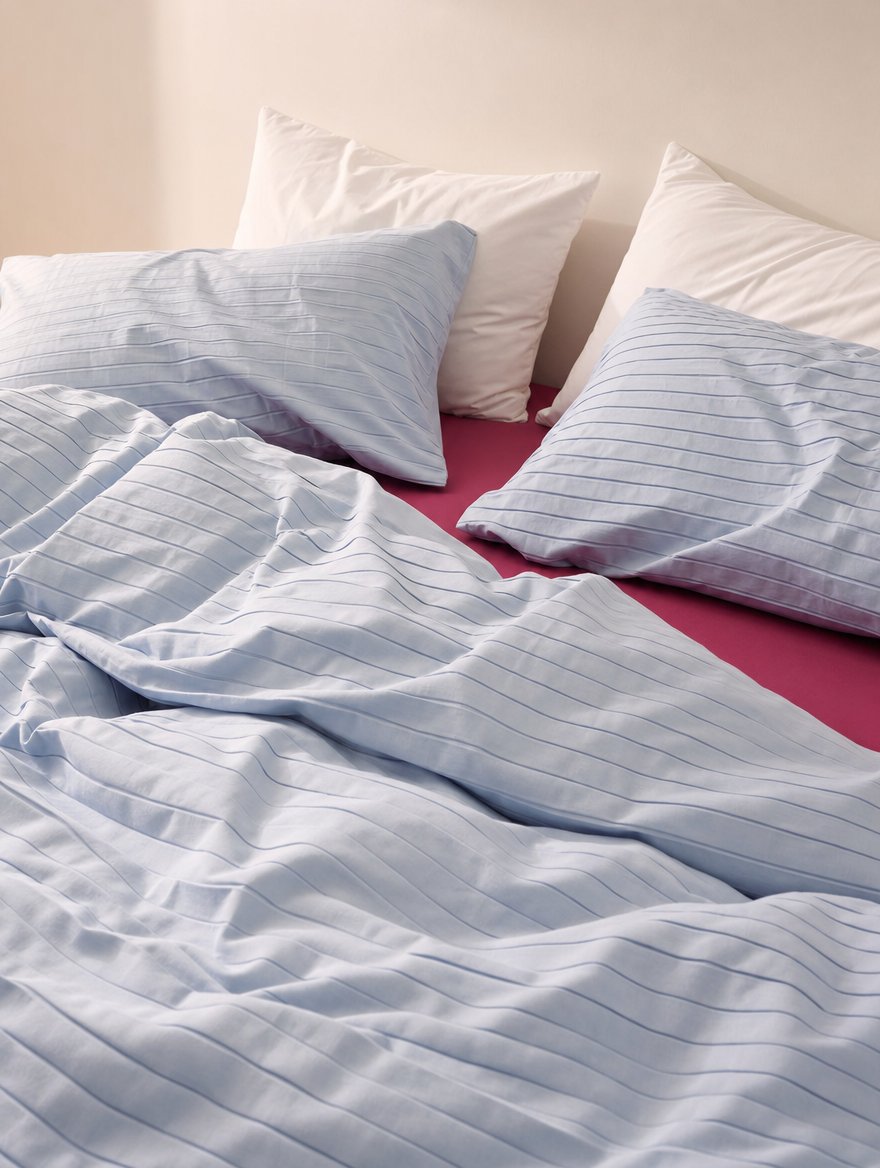 Build Your Bedsheet Set - Light Blue Stripe Duvet, Wine Sheet, White Pillowcase